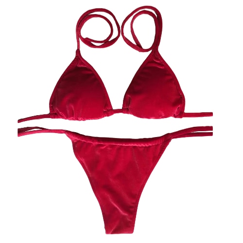 

Sexy Women Velvet Bikini Set Self-tie Halter Bandage Thong Solid Swimwear Beach Swimsuit Bathing Suit Blue/Red/Orange