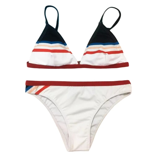 Sexy Women Bikini Set Contrast Color Block Padded Stripe Bathing Suit Swimwear Swimsuits Two Piece White