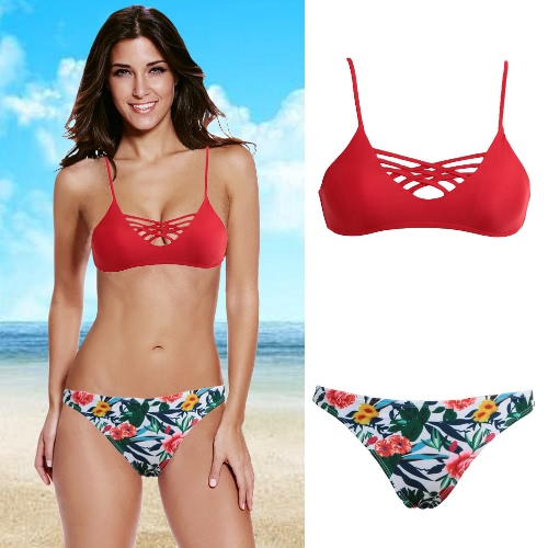 Sexy Women Bikini Set Floral Leaves Print Padded Top Bottom Cross Bandage Beach Swimwear Swimsuit Bathing Suit Red