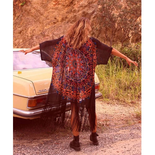 

Chiffon Geometric Print Fringe Loose Long Kimono