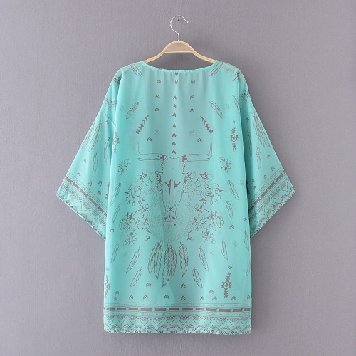 

Women Summer Shirt Kimono Boho Cardigan Vintage Print Blouse Loose Beach Cover Up Outerwear Orange/Green