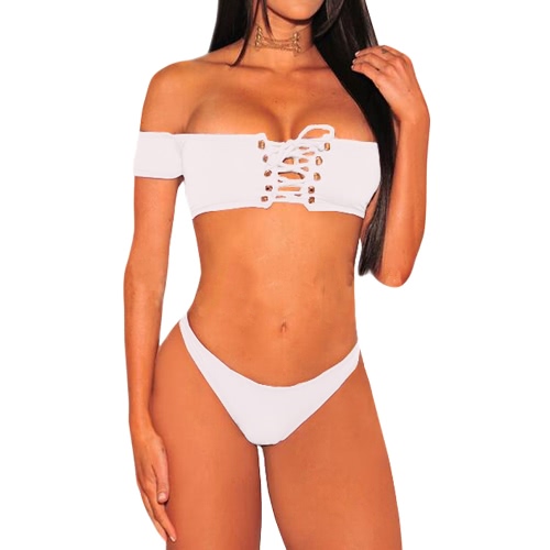

Sexy Solid Halter Bandages Backless Two Piece Bikini Set