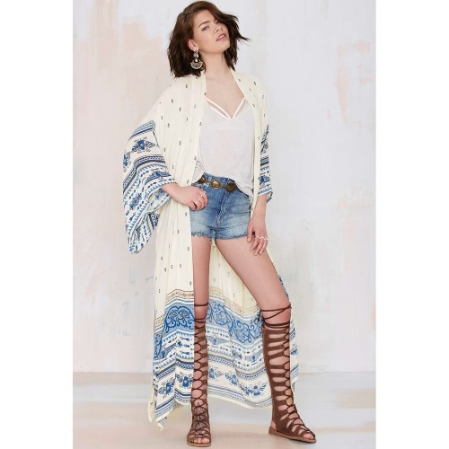 Women Chiffon Kimono Cardigan Bikini Cover Up Printed Boho Long Loose Casual Beach Robe Blouse Top Blue