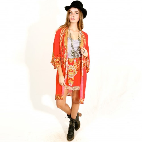 Women Chiffon Kimono Cardigan Bikini Cover Up Printed Boho Long Loose Casual Beach Robe Blouse Top Red