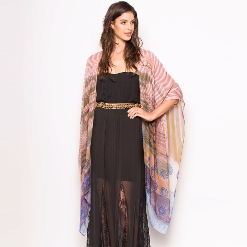 Moda Chiffon Loose Cardigan Frente Floral Print Vintage Women's Kimono