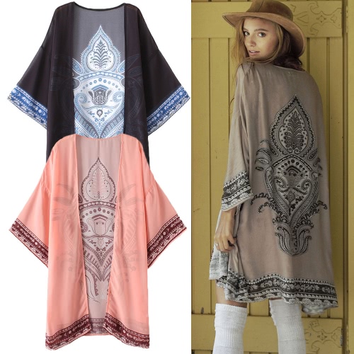 

Women Summer Long Chiffon Cardigan Kimono Positioning Printing Beach Cover Up Bikini Outwear Khaki/Black/Pink