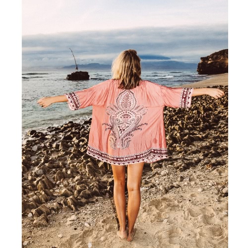 

Chiffon Loose Cardigan Front Floral Print Vintage Women's Kimono