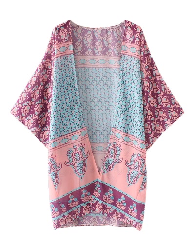 Women Chiffon Kimono Cardigan Boho Ethnic Print Loose Long Bikini Cover Ups Beachwear