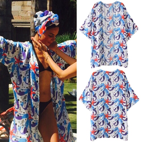 Women Chiffon Beach Kimono Mermaid Print Open Front Loose Thin Casual Sea Holiday Cardigan Blue huismerk kopen in de aanbieding