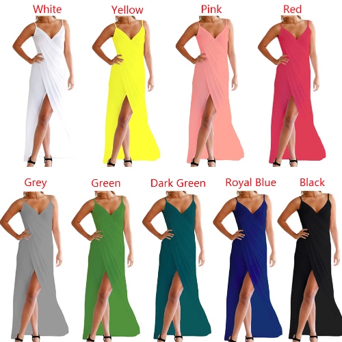 

Women Spaghetti Strap Backless Beach Dress Bikini Cover Up Overlap High Slit Cami Strap Sarong Maxi Long Dress