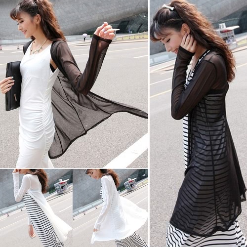 

Women See Through Cardigans Mesh Long Sleeves Open Shirt Sheer Long Bikini Cover Ups Tops Plus Size Beachwear