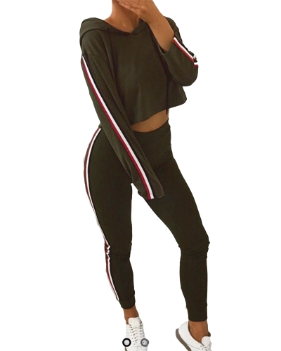 Mulheres Two Piece Set Tracksuit Hooded Drawstring Crop Top Sport Pants Side Stripes High Waist Casual Sweat Suit