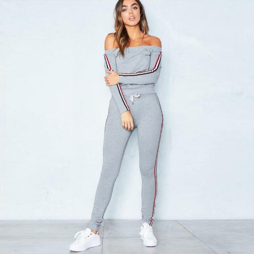 

Women Tracksuit Striped Print Off Shoulder Long Sleeve 2 Piece Set Sportswear