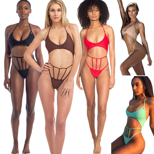 

New Sexy Women Bikini Set Halter Wire Free Padded Cup Low Waist Hollow Out Thong Biquini Swimwear Swimsuit