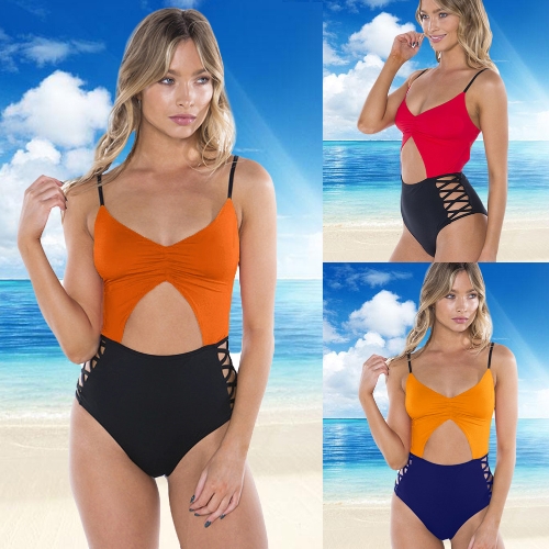 

Women One Piece Bikini Monokini Swimsuits Color Splice Cut Out Backless Swimwear