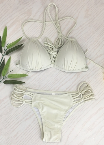 

Women Solid Triangle Lace Up Bandage Strappy Braided Padded Backless Bikini Set
