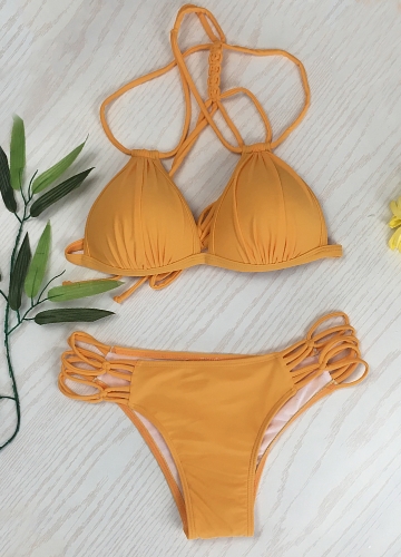 

Women Solid Triangle Lace Up Bandage Strappy Braided Padded Backless Bikini Set