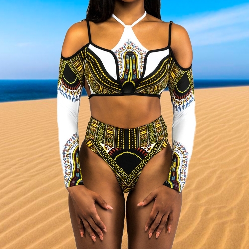 

Sexy Women Plus Size High Waist Long Sleeves Bikini Set 2Pcs Swimsuit