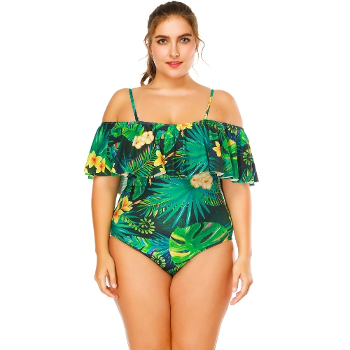 Sexy Women Floral Print Strappy Swimsuit One Piece Ruffle Trim Padding Swimwear Bathing Suit Beachwear Monokini