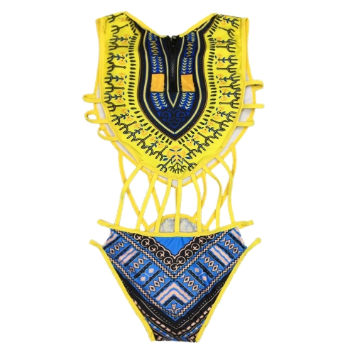 

New Sexy Women Ethnic Printing One Piece Swimsuit Hollow Out Vintage African Egypt Swimwear Tankini
