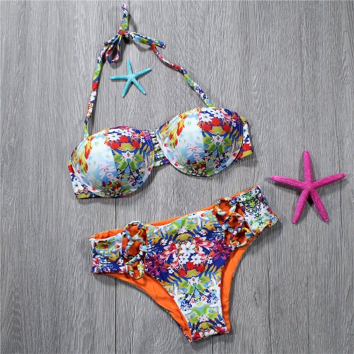 

Women Two Piece Bikini Set Colorful Floral Print Halter Padded Bandage Hollow Out Low Waist Sexy Swimsuit