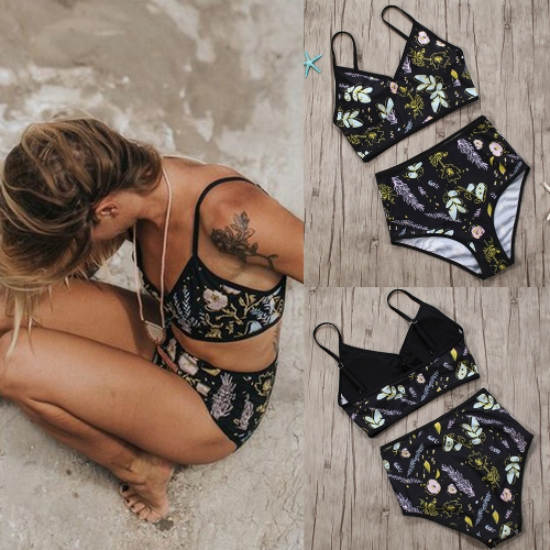 

Sexy Women Bikini Set Цветочная печать Push Up High Waist Two Piece Купальник Купальники Купальный костюм Черный