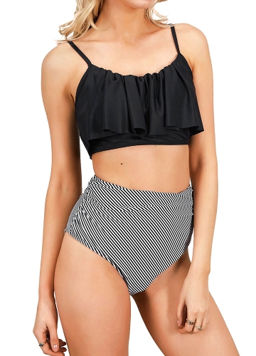 

Women Bikini Set Ruffles High Waist Ruched Padded Wireless Two Piece Swimsuit Swimwear