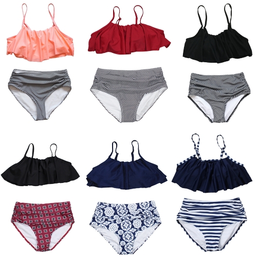 

Women Bikini Set Ruffles High Waist Ruched Padded Wireless Two Piece Swimsuit Swimwear