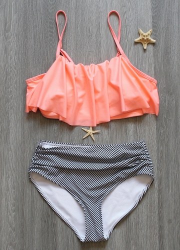 

Women Bikini Set Ruffles High Waist Ruched Padded Wireless Two Piece Swimsuit Swimwear