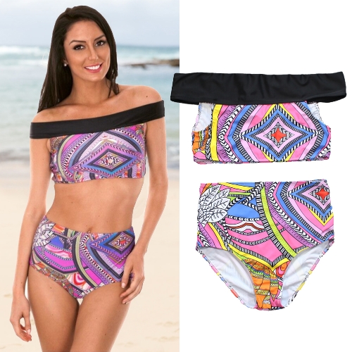 

Boho Women Two Piece Bikini Set Off Shoulder Colorful Geometric Print Padded High Waist Sexy Swimsuit