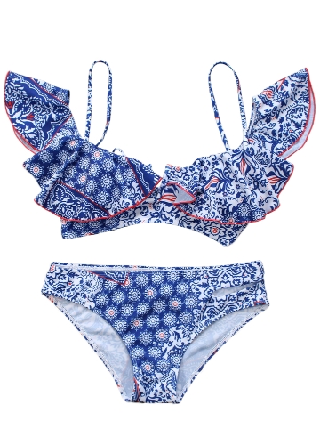 

Women Bikini Set Ruffles Vintage Print Cut Out Bottom Low Waist Padded Two Piece Swimsuit Swimwear