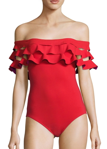 

Sexy Women Off the Shoulder Solid Ruffle One Piece Swimsuit