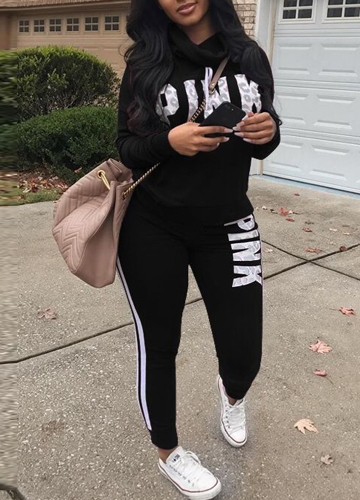 

Women Sweatershirt Pants Letter Print Turtleneck Splicing Side Sport Set