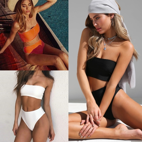 

Sexy Women Strapless Bikini Set Solid Top High Waist Bottom Beach Swimwear Swimsuit Bathing Suit Black/Orange/White