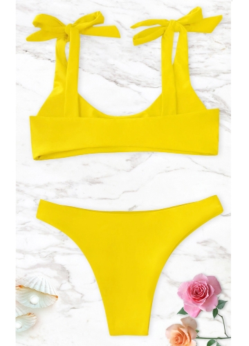 

Women Bikini Set Tied Bow Padded Wireless Low Waist Solid Two Piece