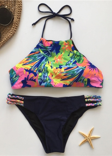 

Floral Print Halter Braided Bandage Padded Hollow Out Women Bikini Set