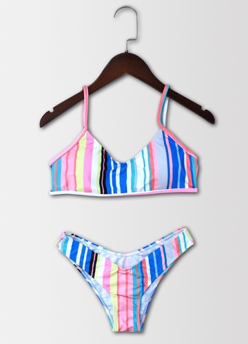 

Полосатый цветочный плащ печати Backless Мягкий низкой талии Женщины Бикини Set