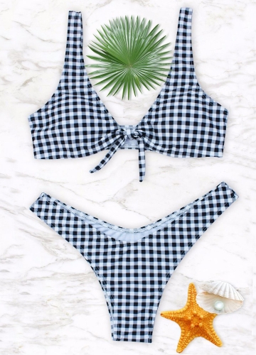 

Женщины Gingham бикини Установить узел передней высокой ноги