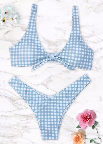 

Женщины Gingham бикини Установить узел передней высокой ноги