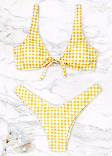 Women Gingham Bikini Set Knot Front High Leg
