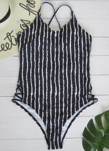 

Striped Print V Neck Hollow Out Waist Cross Straps Padded Women Swimsuit