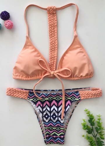 

Women Bikini Set Vintage Print Braided Triangle Tie Front T Back Tanga