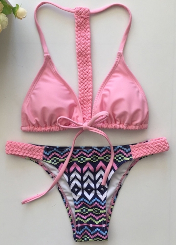 

Women Bikini Set Vintage Print Braided Triangle Tie Front T Back Tanga