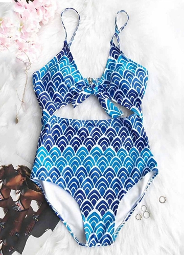 

Wave Ripple Print Tie Cut Out Padded Push Up One-Piece Swimsuit