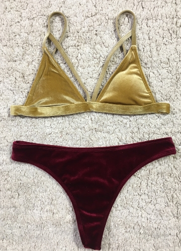 

Velvet Deep V Neck Push-Up Padded Bra Backless Bikini Set
