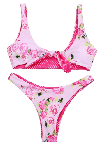 Sexy Women Bikini Set Floral Dot Print Tie-Up Wireless Bathing Suit Swimsuits Beach Wear Two Piece