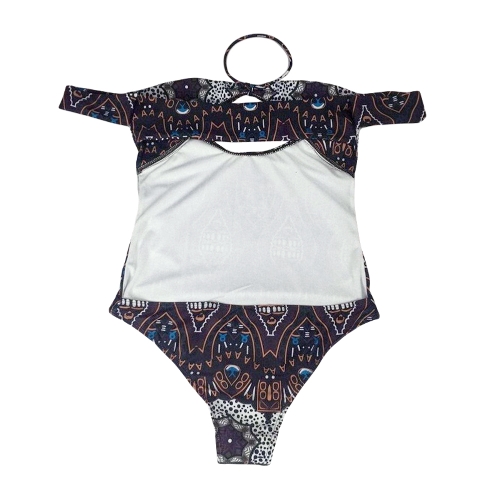 

Sexy Women Off the Shoulder One-Piece Swimsuit Totems Print Solid Color Monokini Bathing Suit Swimwear Coffee/White