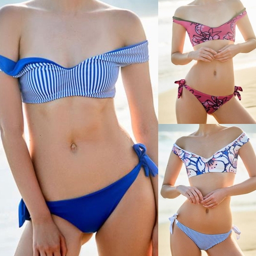 

Sexy Women Bikini Set Off-the-Shoulder Floral Stripes Padded Top Lace-Up Bottoms Swimwear Swimsuit Bathing Suits 1/2/3