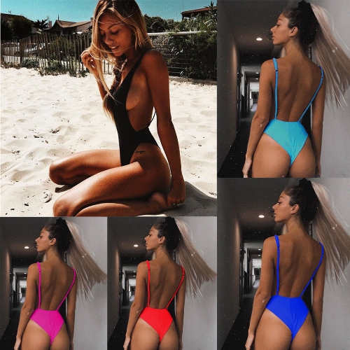 

Women One Piece Swimsuit Cut Out Open Back Solid Padded Swimwear Monokini Bathing Suit Beachwear