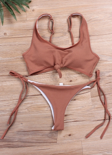 

Women Bikini Set Ribbed Knotted Front Tied Waist Padded Two Pieces Swimsuit Swimwear
